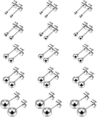 15 Pairs Ball Stud Earrings Set Simple Studs Earring Stainless Steel Round Ball Studs Earring Silver Jewelry 2-6mm Multi-Size Cartilage Earrings for Women Men Piercing Cartilage in Saudi Arabia