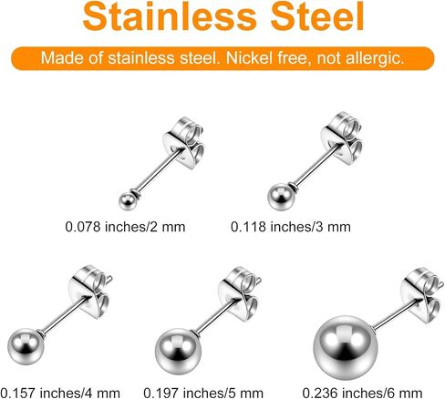 15 Pairs Ball Stud Earrings Set Simple Studs Earring Stainless Steel Round Ball Studs Earring Silver Jewelry 2-6mm Multi-Size Cartilage Earrings for Women Men Piercing Cartilage in Saudi Arabia