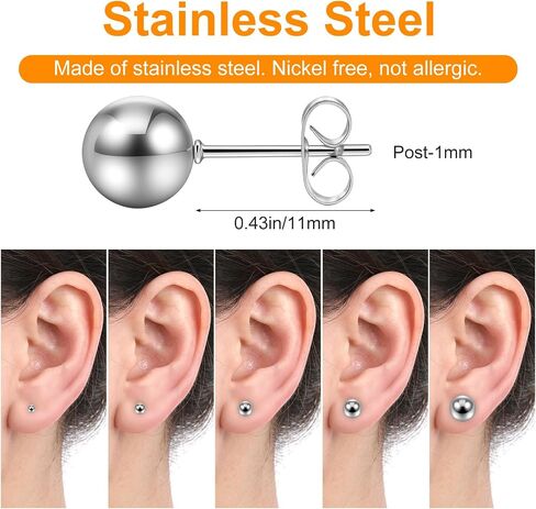 15 Pairs Ball Stud Earrings Set Simple Studs Earring Stainless Steel Round Ball Studs Earring Silver Jewelry 2-6mm Multi-Size Cartilage Earrings for Women Men Piercing Cartilage in Saudi Arabia