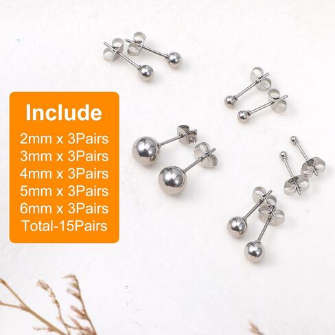 15 Pairs Ball Stud Earrings Set Simple Studs Earring Stainless Steel Round Ball Studs Earring Silver Jewelry 2-6mm Multi-Size Cartilage Earrings for Women Men Piercing Cartilage in Saudi Arabia