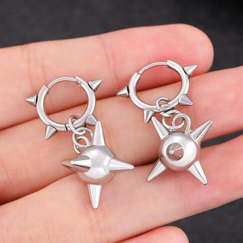 Spike Earrings for Women Men Silver Plated Stainless Steel Posts Goth Punk Y2K Earrings 2 Styles Spiked Mace Dangle Hoop Earrings for Alternative Emo Halloween Jewelry in Kuwait