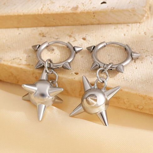 Spike Earrings for Women Men Silver Plated Stainless Steel Posts Goth Punk Y2K Earrings 2 Styles Spiked Mace Dangle Hoop Earrings for Alternative Emo Halloween Jewelry in Kuwait
