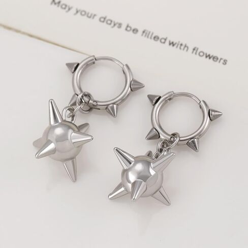 Spike Earrings for Women Men Silver Plated Stainless Steel Posts Goth Punk Y2K Earrings 2 Styles Spiked Mace Dangle Hoop Earrings for Alternative Emo Halloween Jewelry in Kuwait