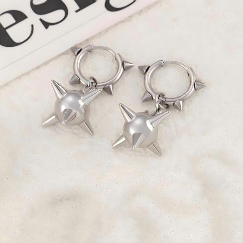 Spike Earrings for Women Men Silver Plated Stainless Steel Posts Goth Punk Y2K Earrings 2 Styles Spiked Mace Dangle Hoop Earrings for Alternative Emo Halloween Jewelry in Kuwait