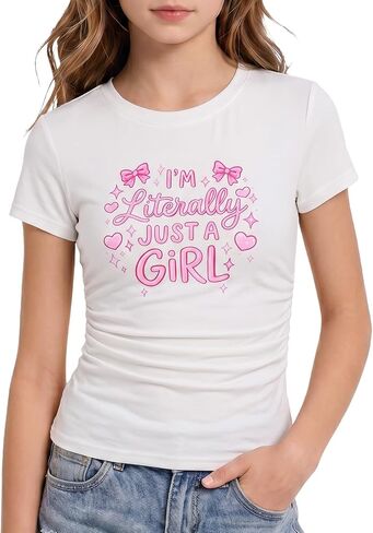 Kids4ever Girls Graphic Print Shirts Ruched Side Tops for Girl Short Sleeve Tees Size 7-14 in Kuwait