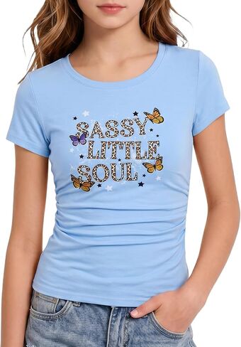 Kids4ever Girls Graphic Print Shirts Ruched Side Tops for Girl Short Sleeve Tees Size 7-14 in Kuwait