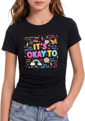 Kids4ever Girls Graphic Print Shirts Ruched Side Tops for Girl Short Sleeve Tees Size 7-14 in Kuwait