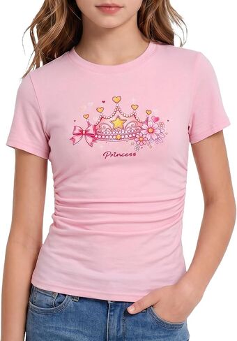 Kids4ever Girls Graphic Print Shirts Ruched Side Tops for Girl Short Sleeve Tees Size 7-14 in Kuwait