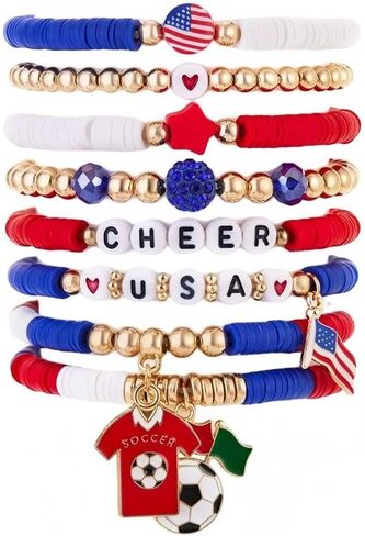COLORFUL BLING Soccer Game Day Polymer Clay Gold Beaded Stackable Elastic Bracelet Set National Flag Jewelry for Men Women Sports Fans Gifts in Saudi Arabia
