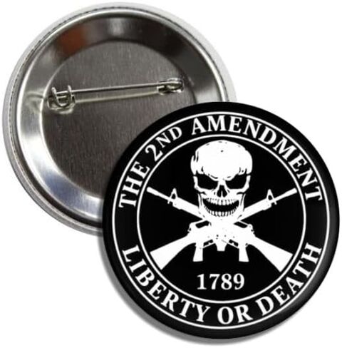 The 2nd Amendment Liberty or Death 1789 Button Pin Badge, Skull and Crossed Rifles Design, Black and White, 2.25 Inch in Kuwait