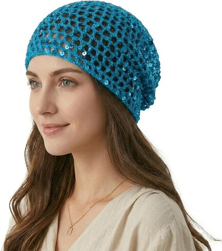 Women's Summer Glitter Sequin Beanie,Boho Hollow Out Crochet Hat for Beach,Lightweight Breathable Headwear for Women in Saudi Arabia