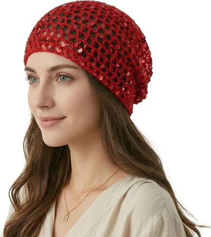 Women's Summer Glitter Sequin Beanie,Boho Hollow Out Crochet Hat for Beach,Lightweight Breathable Headwear for Women in Saudi Arabia