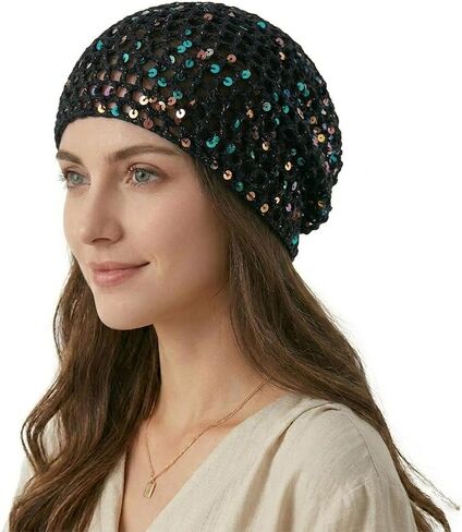 Women's Summer Glitter Sequin Beanie,Boho Hollow Out Crochet Hat for Beach,Lightweight Breathable Headwear for Women in Saudi Arabia
