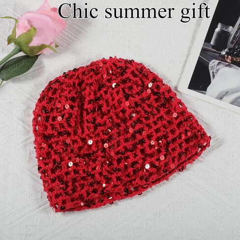 Women's Summer Glitter Sequin Beanie,Boho Hollow Out Crochet Hat for Beach,Lightweight Breathable Headwear for Women in Saudi Arabia