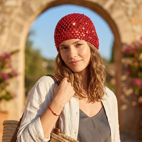 Women's Summer Glitter Sequin Beanie,Boho Hollow Out Crochet Hat for Beach,Lightweight Breathable Headwear for Women in Saudi Arabia