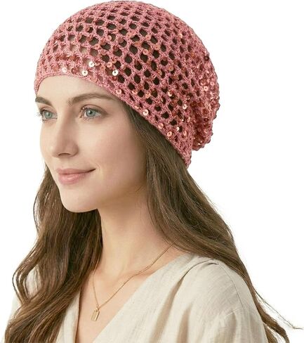 Women's Summer Glitter Sequin Beanie,Boho Hollow Out Crochet Hat for Beach,Lightweight Breathable Headwear for Women in Saudi Arabia