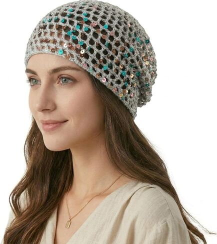 Women's Summer Glitter Sequin Beanie,Boho Hollow Out Crochet Hat for Beach,Lightweight Breathable Headwear for Women in Saudi Arabia