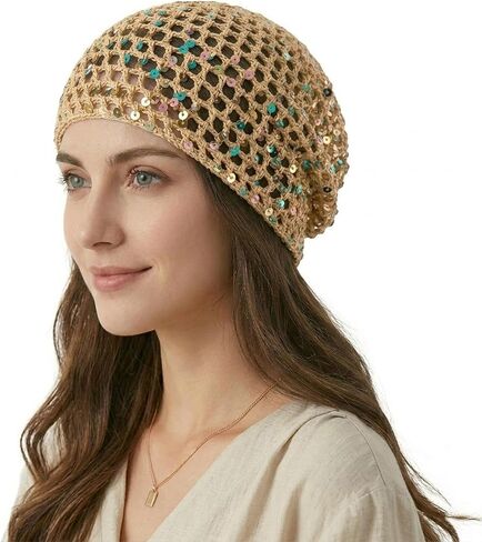 Women's Summer Glitter Sequin Beanie,Boho Hollow Out Crochet Hat for Beach,Lightweight Breathable Headwear for Women in Saudi Arabia