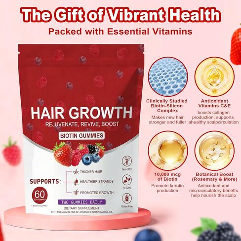 Lumin Hair Growth Gummies – Daily Hair Nourishment with Biotin, Collagen & Botanical Extracts – Supports Thicker, Stronger & Healthier-Looking Hair – Mixed Berry Flavor, 60 Gummies in Kuwait