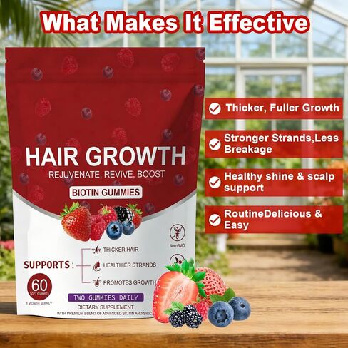 Lumin Hair Growth Gummies – Daily Hair Nourishment with Biotin, Collagen & Botanical Extracts – Supports Thicker, Stronger & Healthier-Looking Hair – Mixed Berry Flavor, 60 Gummies in Kuwait