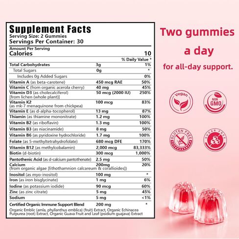 Women’s Methylated Multivitamin Gummies – with Iron, Biotin, Methylfolate, B-Complex, Vitamins A, C, D, K2, Zinc & Organic Immune Blend – Energy, Immune, Bone, Skin, Hair, Sugar Free, Vegan – 60 Count in Saudi Arabia