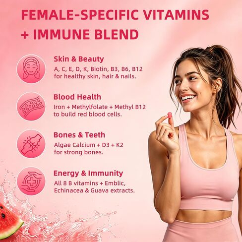 Women’s Methylated Multivitamin Gummies – with Iron, Biotin, Methylfolate, B-Complex, Vitamins A, C, D, K2, Zinc & Organic Immune Blend – Energy, Immune, Bone, Skin, Hair, Sugar Free, Vegan – 60 Count in Saudi Arabia