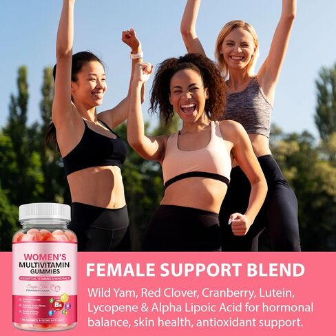 علكات متعددة الفيتامينات للنساء، فيتامينات طبيعية متعددة، تعزز المناعة والطاقة والتركيز، علكة نسائية يومية متعددة الفيتامينات للشعر والبشرة والأظافر، خالية من السكر، نكهة الفراولة، 60 علكة in Kuwait