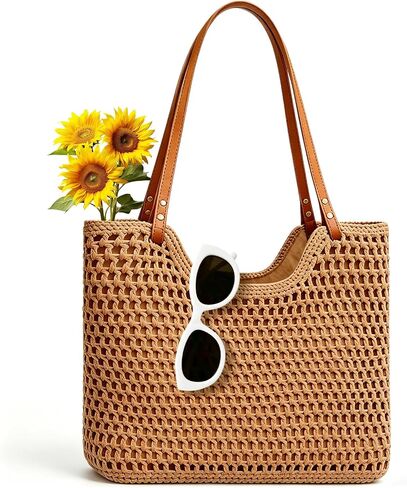Crochet Beach Bag Woven Straw Beach Tote Bags for Women Boho Summer Purse Small Vacation Mesh Tote Bags in Saudi Arabia