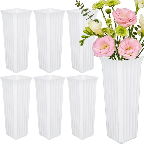 Flower Buckets for Cut Flowers, Stripes Floral Buckets Modern Square Vases for Centerpieces Display, Elegant Decorative Plastic Vases for Home Office Centerpiece Wedding Decoration (White 12inch) in Saudi Arabia