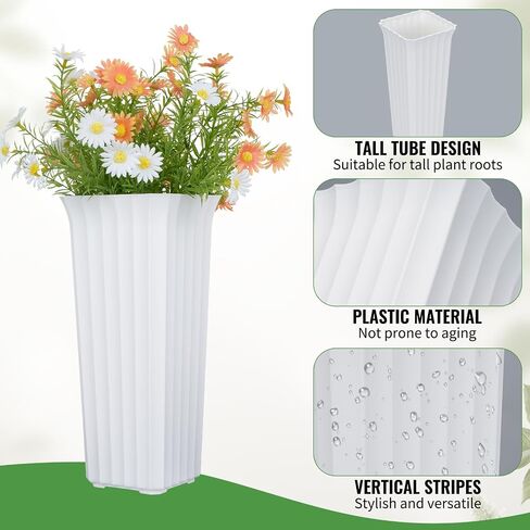 Flower Buckets for Cut Flowers, Stripes Floral Buckets Modern Square Vases for Centerpieces Display, Elegant Decorative Plastic Vases for Home Office Centerpiece Wedding Decoration (White 12inch) in Saudi Arabia