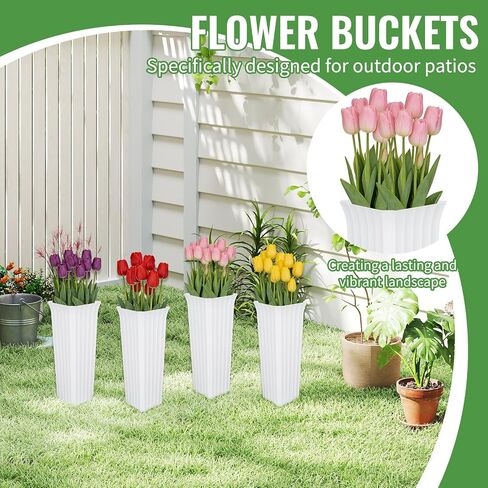 Flower Buckets for Cut Flowers, Stripes Floral Buckets Modern Square Vases for Centerpieces Display, Elegant Decorative Plastic Vases for Home Office Centerpiece Wedding Decoration (White 12inch) in Saudi Arabia