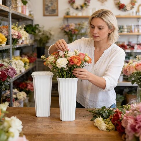 Flower Buckets for Cut Flowers, Stripes Floral Buckets Modern Square Vases for Centerpieces Display, Elegant Decorative Plastic Vases for Home Office Centerpiece Wedding Decoration (White 12inch) in Saudi Arabia