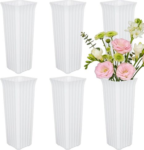 Flower Buckets for Cut Flowers, Stripes Floral Buckets Modern Square Vases for Centerpieces Display, Elegant Decorative Plastic Vases for Home Office Centerpiece Wedding Decoration (White 12inch) in Saudi Arabia
