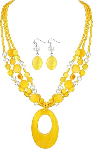 Geometric Double Oval Pendant Necklaces With Earrings Colorful Natural Shell Glass Stone Beads Statement Jewelry Set Fashion Costume Choker in Kuwait