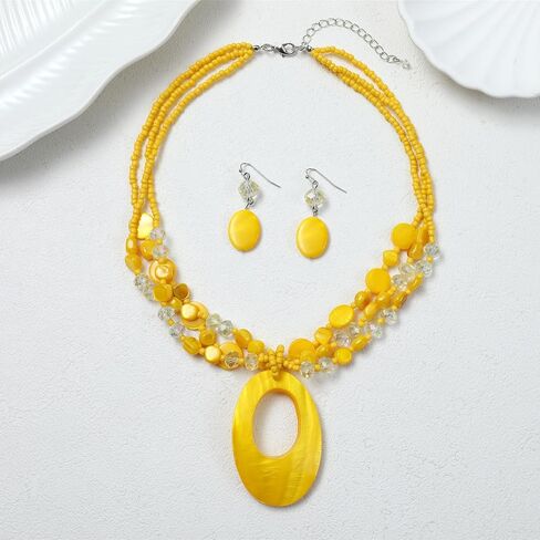 Geometric Double Oval Pendant Necklaces With Earrings Colorful Natural Shell Glass Stone Beads Statement Jewelry Set Fashion Costume Choker in Kuwait