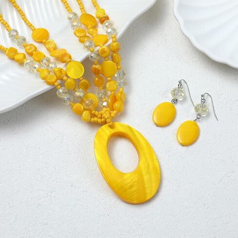 Geometric Double Oval Pendant Necklaces With Earrings Colorful Natural Shell Glass Stone Beads Statement Jewelry Set Fashion Costume Choker in Kuwait