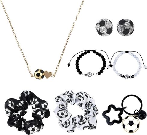 9 Pcs Soccer Gifts for Girls Women Soccer Jewelry Set for Fans Including Necklace Earrings Bracelets Hair Scrunchies Keychain Clear Pouch for Game Day Soccer Party Sports Bar in Saudi Arabia