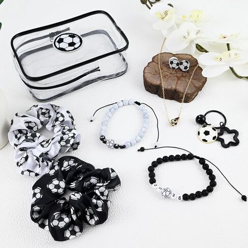 9 Pcs Soccer Gifts for Girls Women Soccer Jewelry Set for Fans Including Necklace Earrings Bracelets Hair Scrunchies Keychain Clear Pouch for Game Day Soccer Party Sports Bar in Saudi Arabia