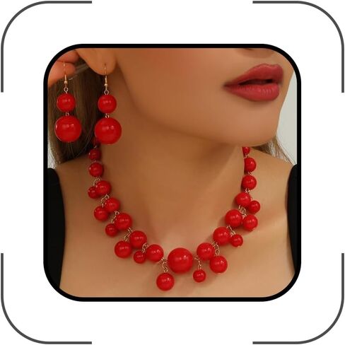 Chunky Red Statement Jewelry Set for Women Large Red Beaded Choker Necklace Exaggerated Gold Ball Necklace Trendy Prom Jewelry Costume Accessories in Saudi Arabia