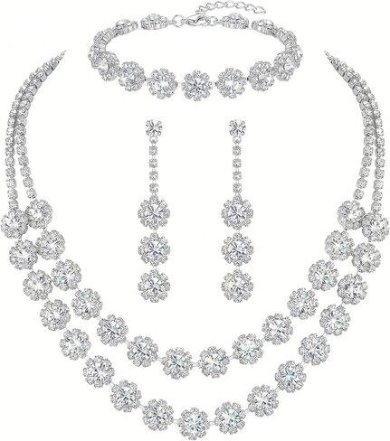 Rhinestone Bridal Wedding Jewelry Set，Crystal Necklace Earrings Bracelet Sets Formal Costume Jewelry for Women and Brides in Saudi Arabia