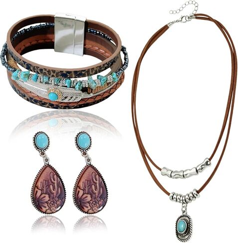 4PCS Bohemian Western Jewelry for Women Set,Western Necklaces for Women,Turquoise Vintage country earrings and Cuff Bangle Bracelet,on Special Occasions or Daily Wear in Saudi Arabia