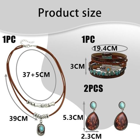 4PCS Bohemian Western Jewelry for Women Set,Western Necklaces for Women,Turquoise Vintage country earrings and Cuff Bangle Bracelet,on Special Occasions or Daily Wear in Saudi Arabia