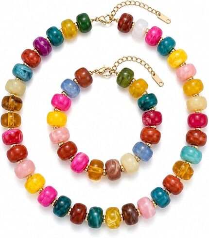 Chunky Colorful Beaded Necklace Bracelet Set for Women Big Resin Bead Necklace Colored Beads Bracelet Summer Boho Jewelry Gifts in Saudi Arabia