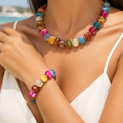 Chunky Colorful Beaded Necklace Bracelet Set for Women Big Resin Bead Necklace Colored Beads Bracelet Summer Boho Jewelry Gifts in Saudi Arabia