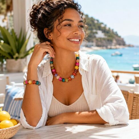 Chunky Colorful Beaded Necklace Bracelet Set for Women Big Resin Bead Necklace Colored Beads Bracelet Summer Boho Jewelry Gifts in Saudi Arabia
