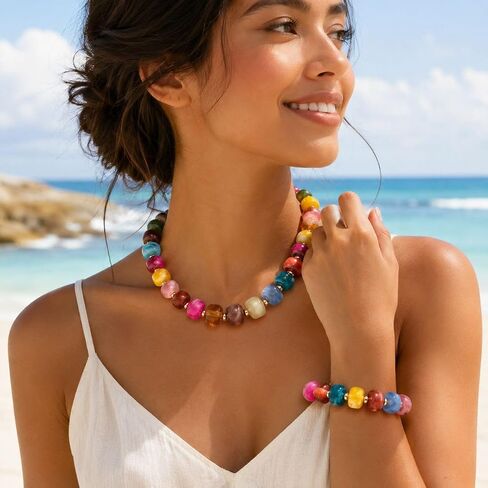 Chunky Colorful Beaded Necklace Bracelet Set for Women Big Resin Bead Necklace Colored Beads Bracelet Summer Boho Jewelry Gifts in Saudi Arabia
