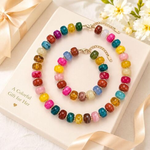 Chunky Colorful Beaded Necklace Bracelet Set for Women Big Resin Bead Necklace Colored Beads Bracelet Summer Boho Jewelry Gifts in Saudi Arabia