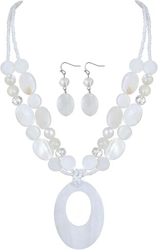 Geometric Double Oval Pendant Necklaces With Earrings Colorful Natural Shell Glass Stone Beads Statement Jewelry Set Fashion Costume Choker in Kuwait