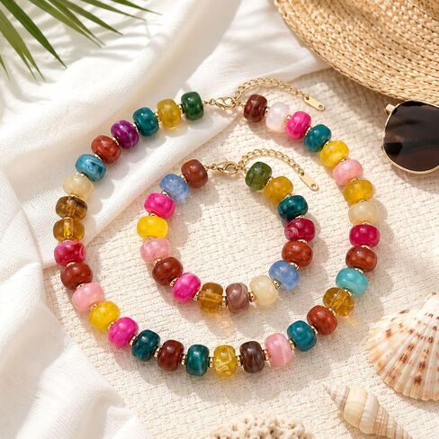 Chunky Colorful Beaded Necklace Bracelet Set for Women Big Resin Bead Necklace Colored Beads Bracelet Summer Boho Jewelry Gifts in Saudi Arabia