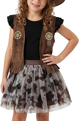 Toddler Girl Cowgirl Outfit - Western Cosplay Costume Fringe Vest Ruffled Top Cow Print Tutu Skirt Rodeo Set in Saudi Arabia